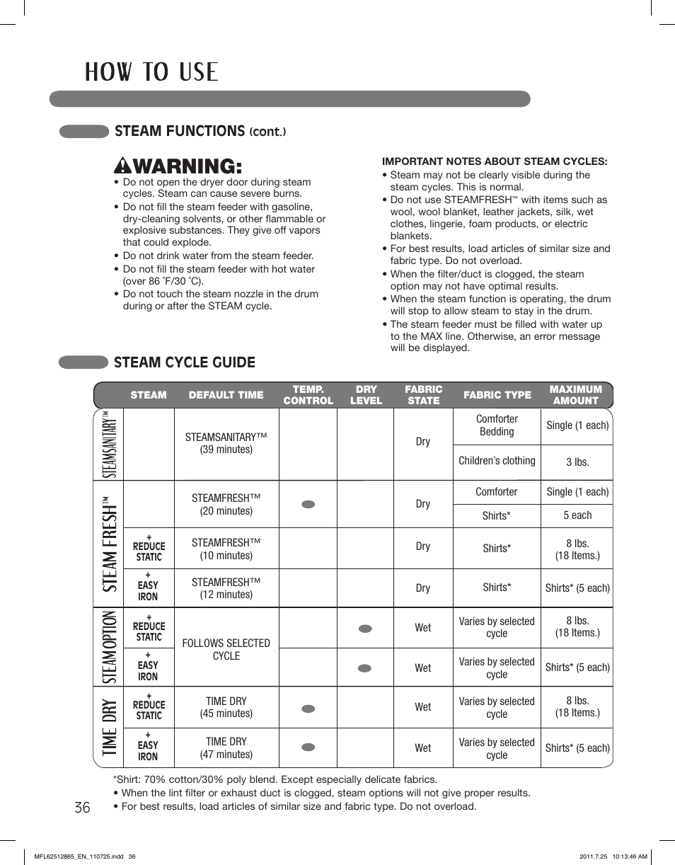 Wwarning, Steam cycle guide, Steam functions | LG DLEX3360V User Manual | Page 36 / 100