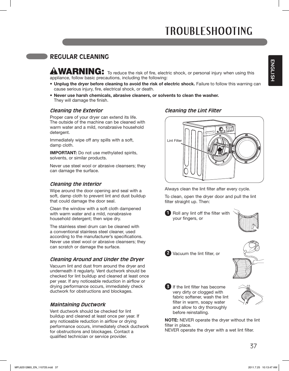Wwarning, Regular cleaning | LG DLEX3360V User Manual | Page 37 / 100
