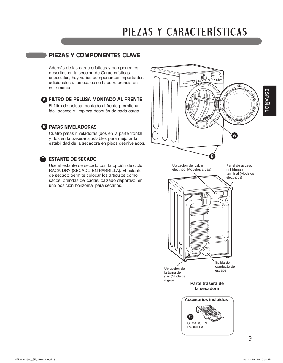 Piezas y componentes clave, Esp anol | LG DLEX3360V User Manual | Page 57 / 100