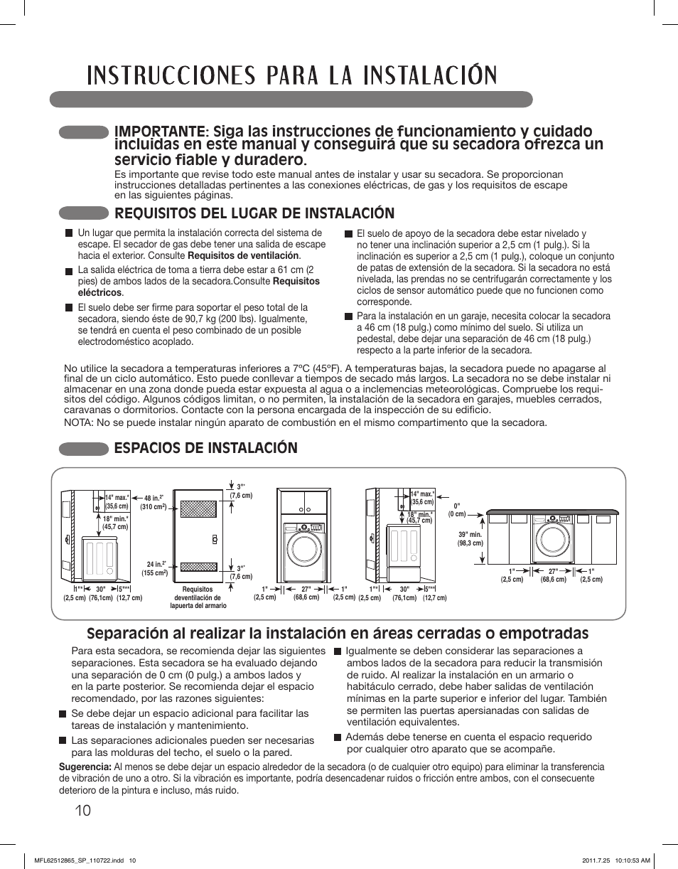 Espacios de instalación, Requisitos del lugar de instalación | LG DLEX3360V User Manual | Page 58 / 100