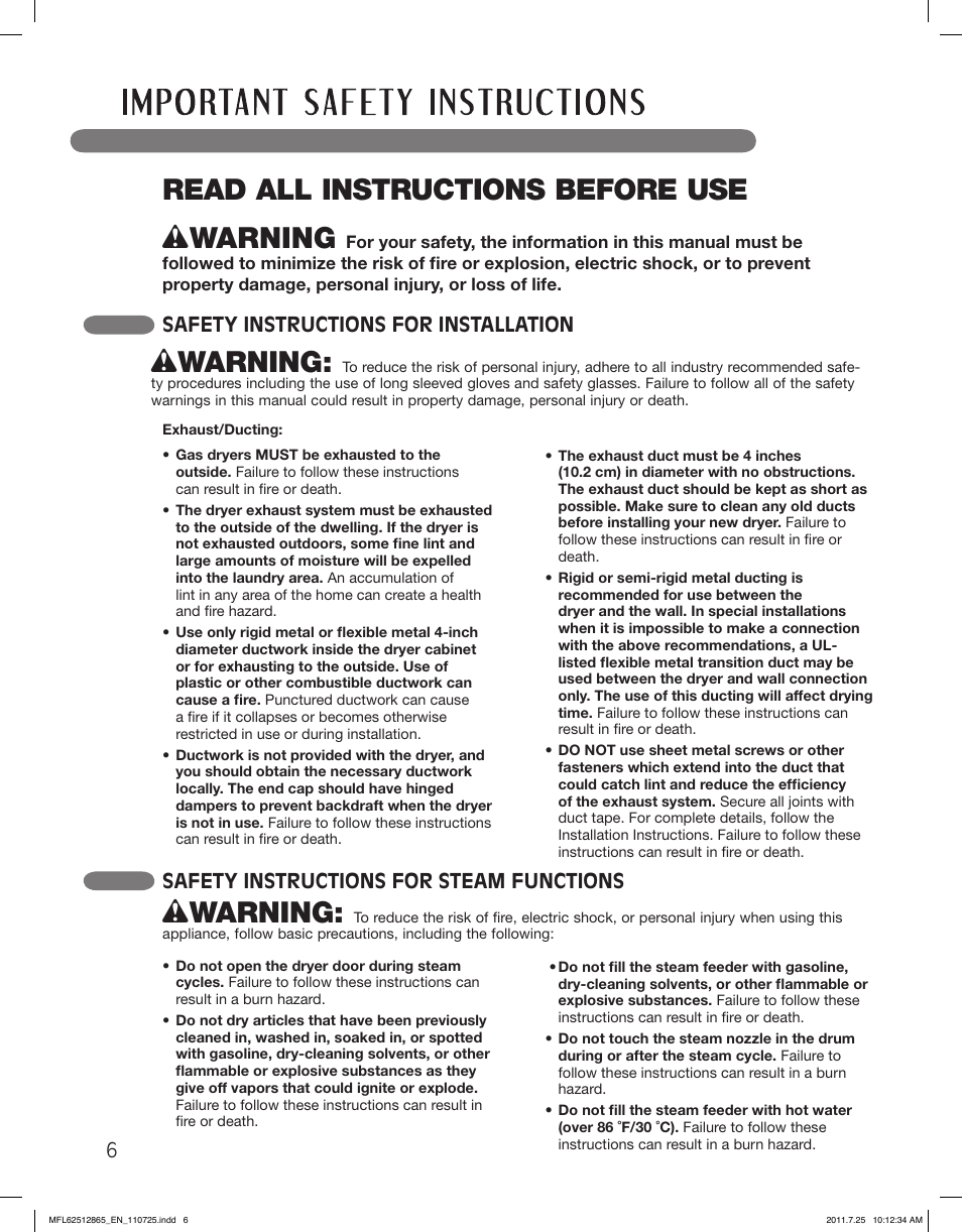 Read all instructions before use, Wwarning, Safety instructions for installation | Safety instructions for steam functions | LG DLEX3360V User Manual | Page 6 / 100