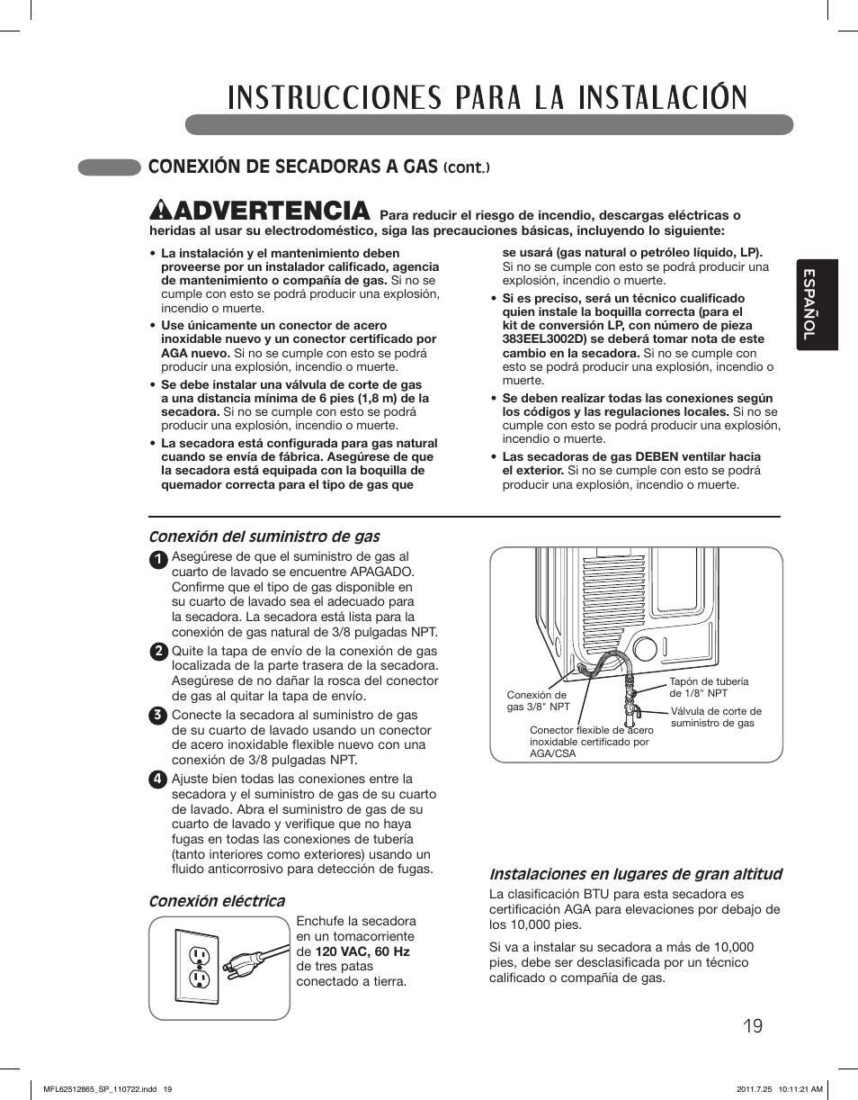Wadvertencia, Conexión de secadoras a gas | LG DLEX3360V User Manual | Page 67 / 100