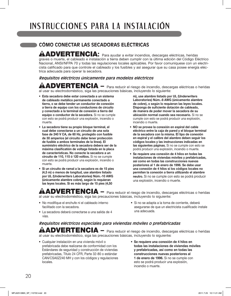 Wadvertencia, Cómo conectar las secadoras eléctricas | LG DLEX3360V User Manual | Page 68 / 100