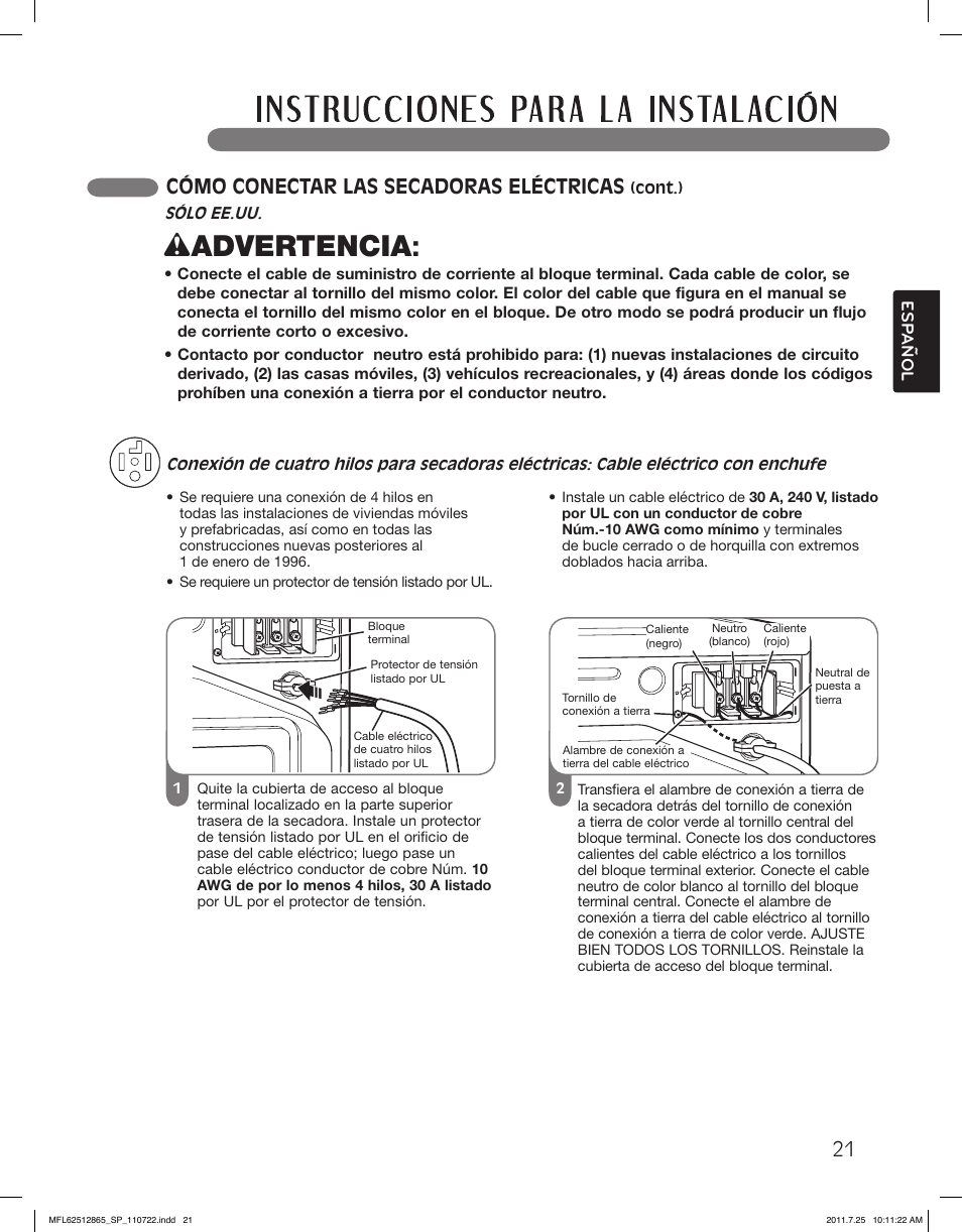 Wadvertencia, Cómo conectar las secadoras eléctricas | LG DLEX3360V User Manual | Page 69 / 100