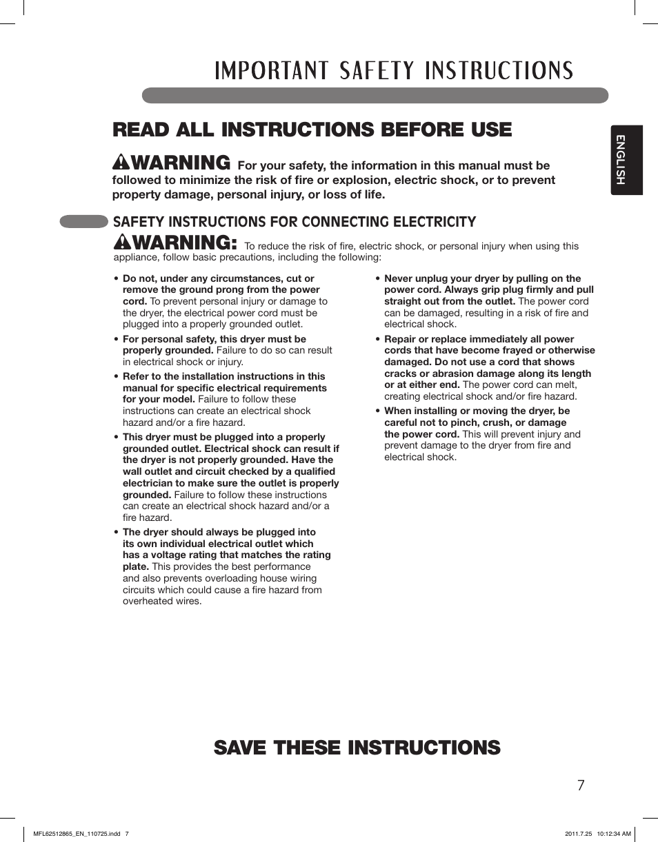 Save these instructions, Wwarning, Read all instructions before use w warning | Safety instructions for connecting electricity | LG DLEX3360V User Manual | Page 7 / 100