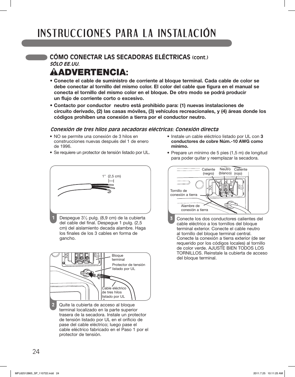 Wadvertencia, Cómo conectar las secadoras eléctricas | LG DLEX3360V User Manual | Page 72 / 100