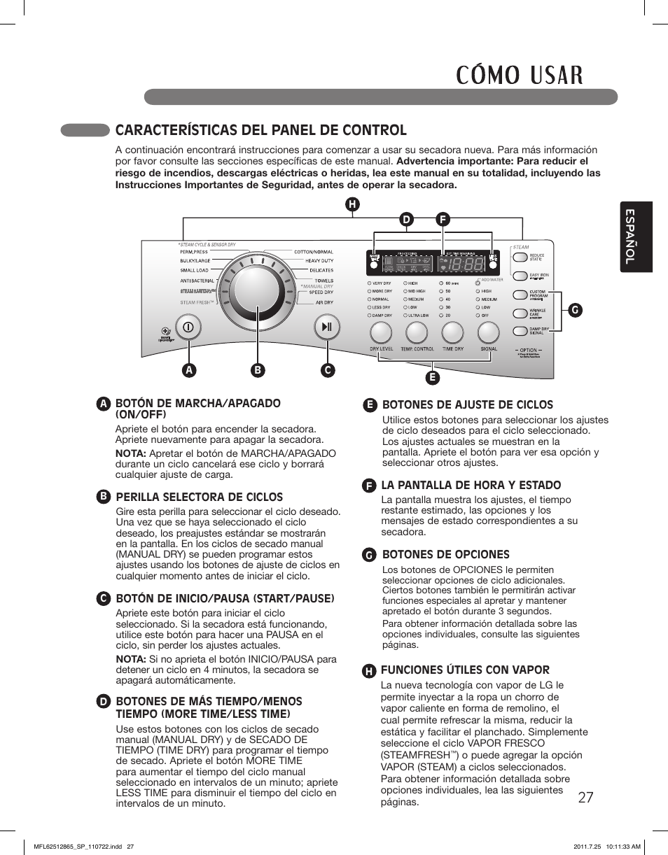 Características del panel de control | LG DLEX3360V User Manual | Page 75 / 100
