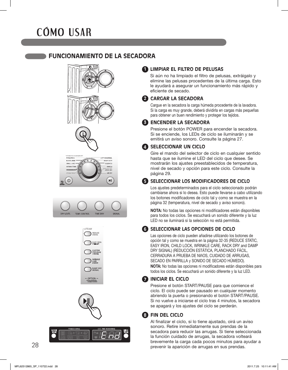 Funcionamiento de la secadora | LG DLEX3360V User Manual | Page 76 / 100