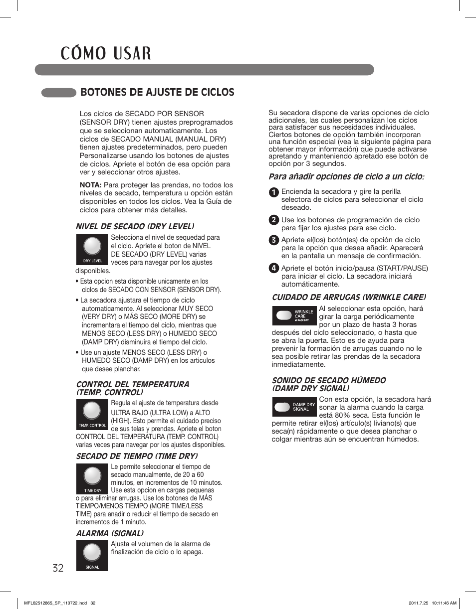 Botones de ajuste de ciclos | LG DLEX3360V User Manual | Page 80 / 100
