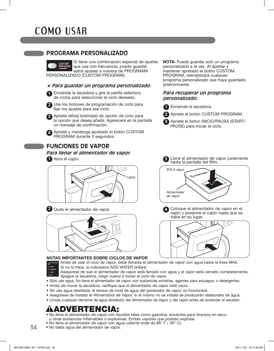 Wadvertencia, Programa personalizado, Funciones de vapor | LG DLEX3360V User Manual | Page 82 / 100