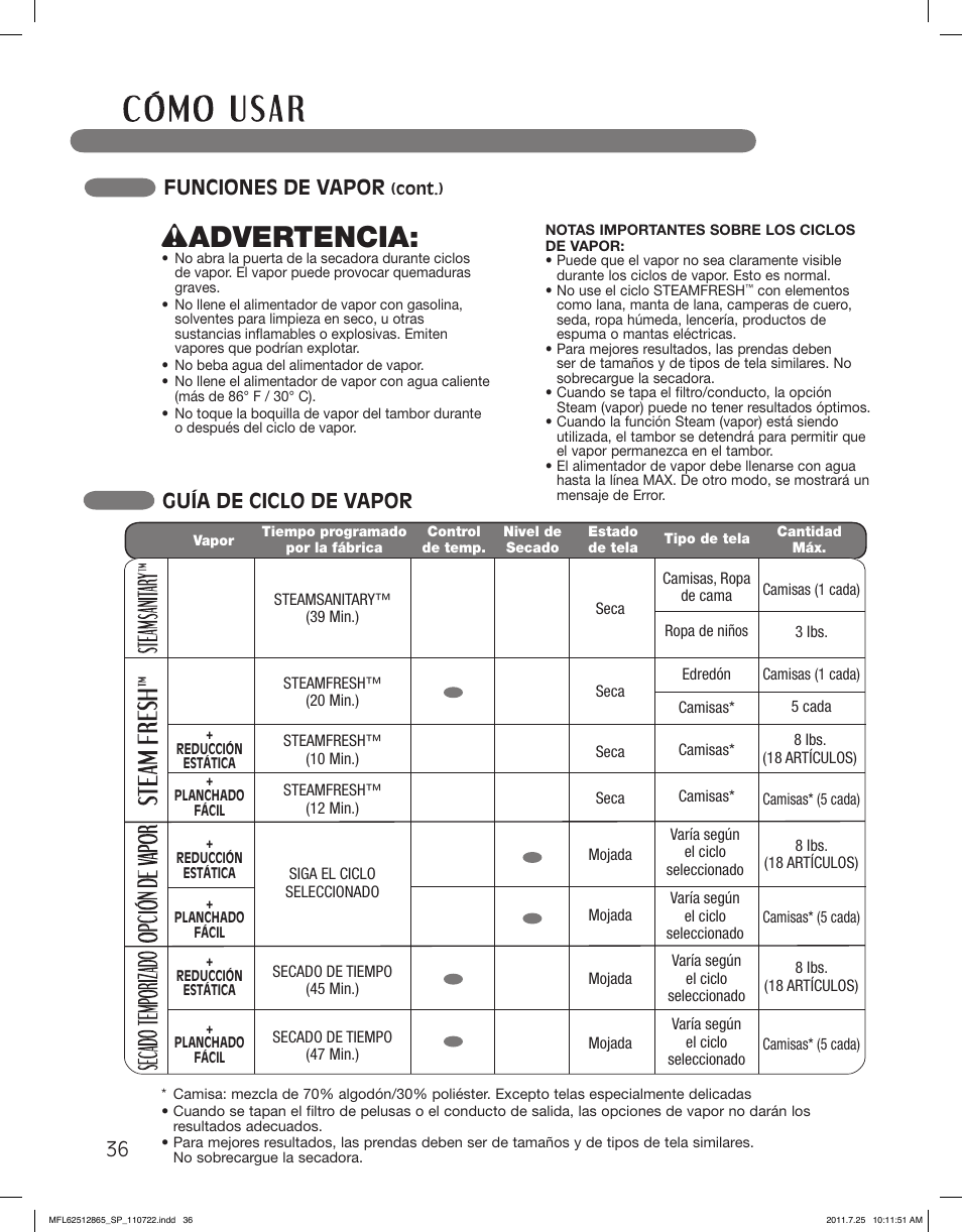 Wadvertencia, Funciones de vapor, Guía de ciclo de vapor | LG DLEX3360V User Manual | Page 84 / 100
