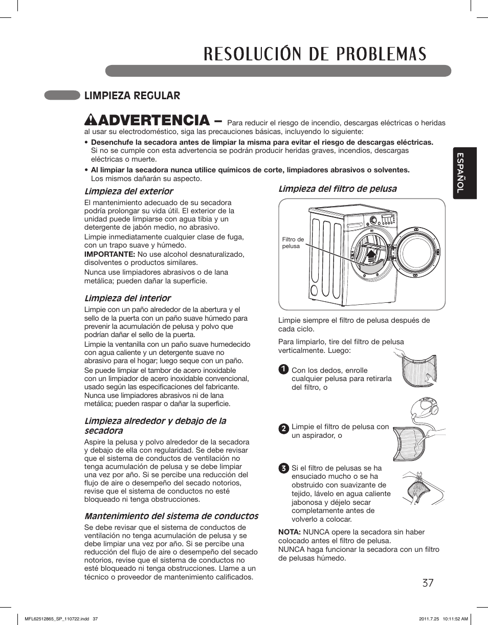 Wadvertencia, Limpieza regular | LG DLEX3360V User Manual | Page 85 / 100