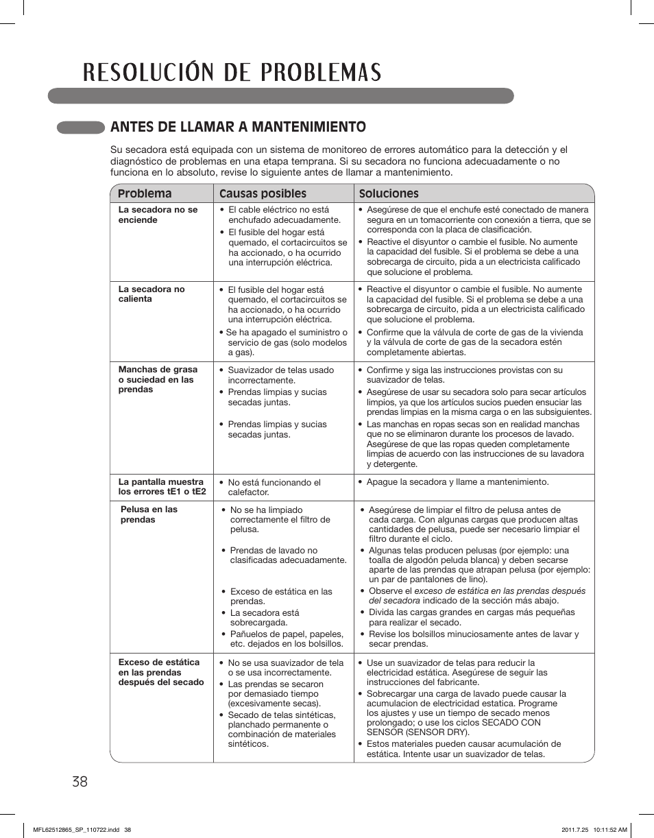 Antes de llamar a mantenimiento | LG DLEX3360V User Manual | Page 86 / 100