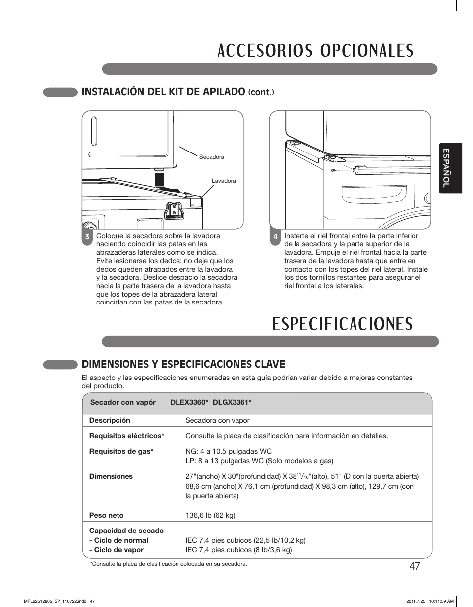 47 instalación del kit de apilado, Dimensiones y especificaciones clave | LG DLEX3360V User Manual | Page 95 / 100