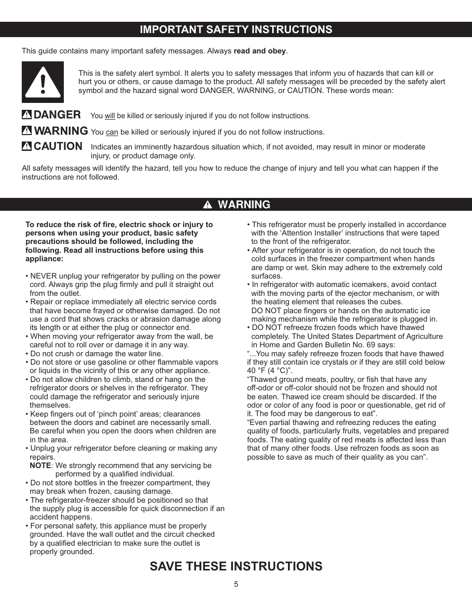 Save these instructions | LG LSC23924ST User Manual | Page 5 / 33