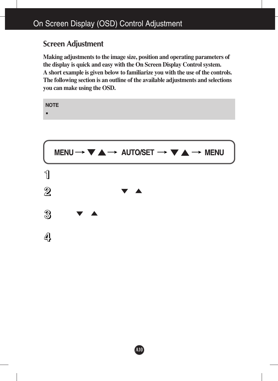 On screen display (osd) control adjustment, Screen adjustment | LG T1910B-BN User Manual | Page 11 / 26