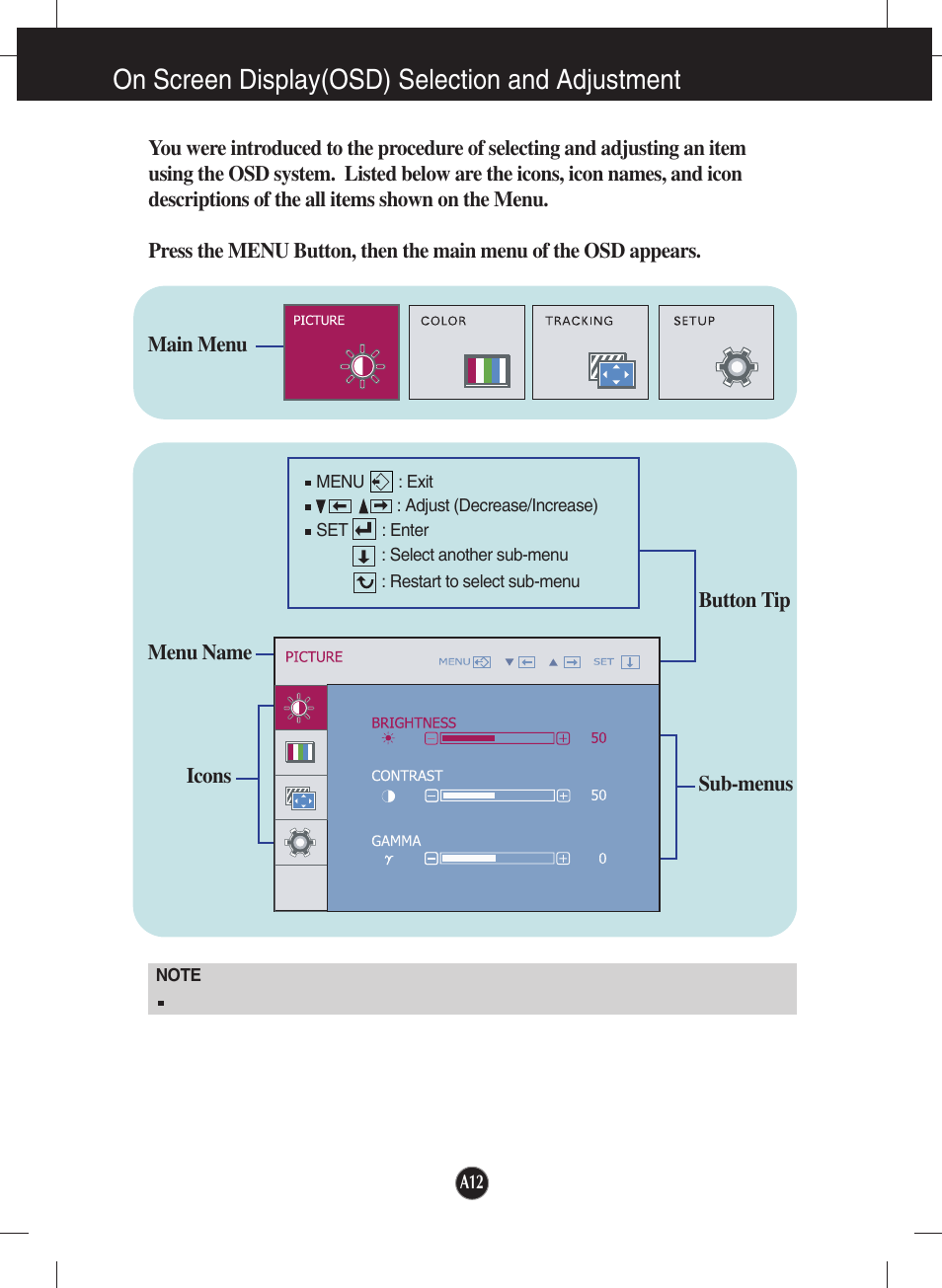 Menu, On screen display(osd) selection and adjustment | LG T1910B-BN User Manual | Page 13 / 26