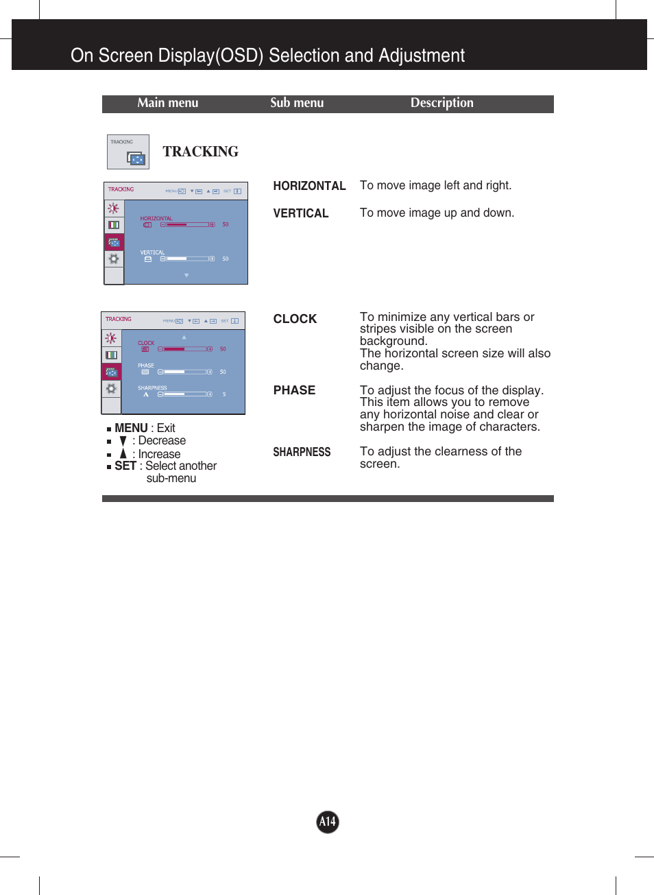 Tracking, On screen display(osd) selection and adjustment | LG T1910B-BN User Manual | Page 15 / 26