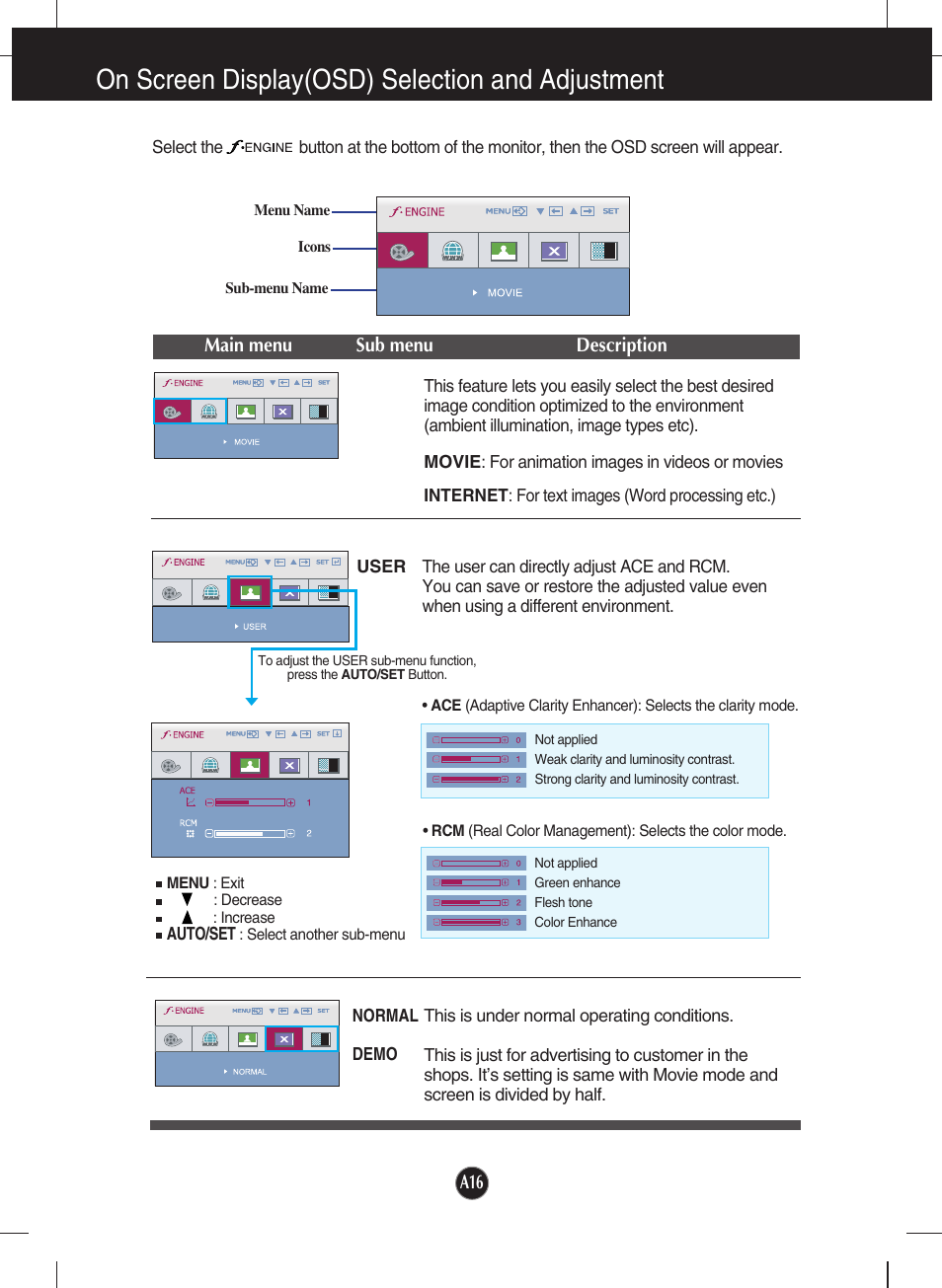 F-engine, On screen display(osd) selection and adjustment | LG T1910B-BN User Manual | Page 17 / 26