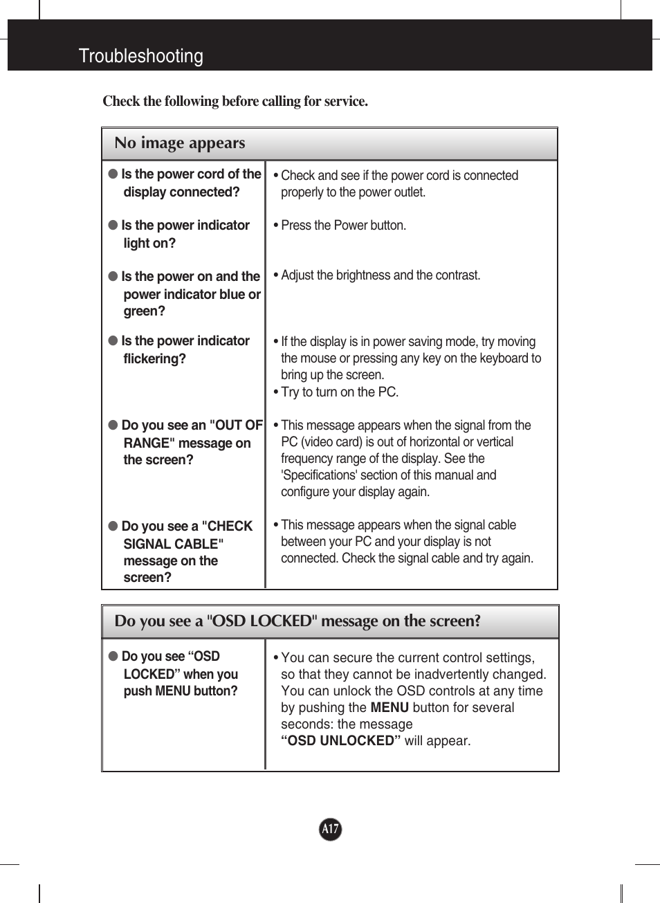 Troubleshooting, No image appears, Do you see a "osd locked" message on the screen | LG T1910B-BN User Manual | Page 18 / 26