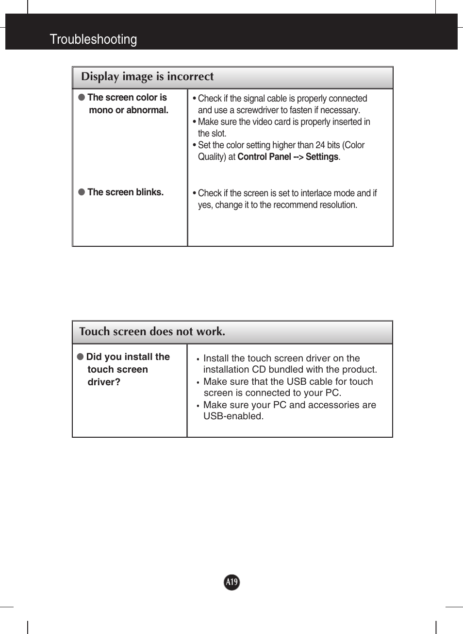 Touch screen does not work, Troubleshooting | LG T1910B-BN User Manual | Page 20 / 26