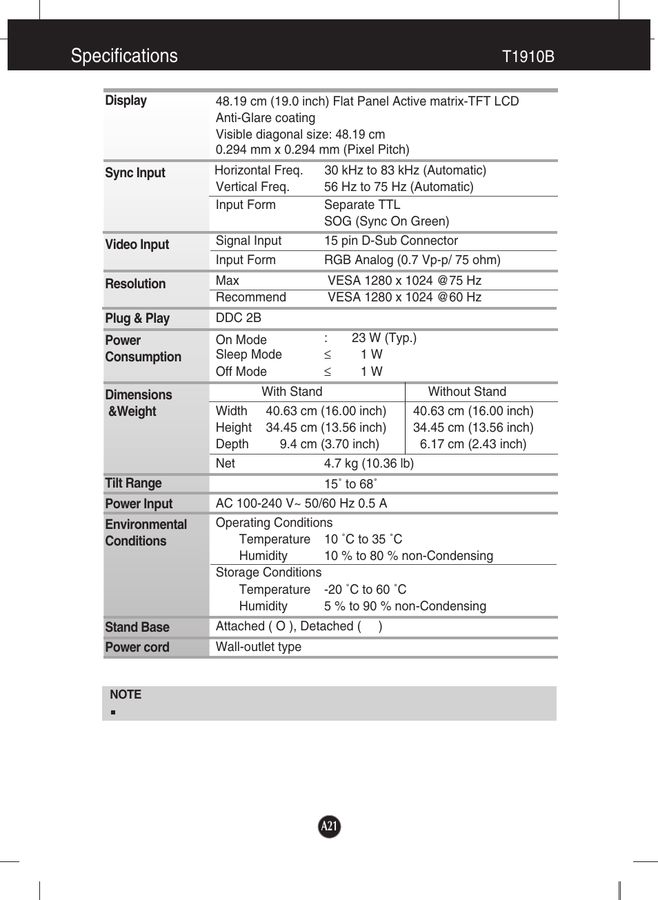 T1910b, Specifications | LG T1910B-BN User Manual | Page 22 / 26