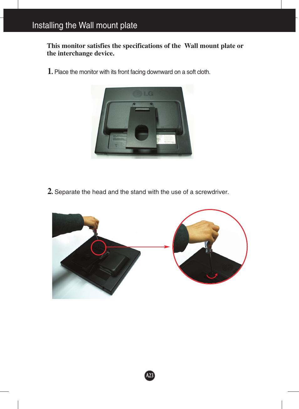Installing the wall mount plate | LG T1910B-BN User Manual | Page 24 / 26