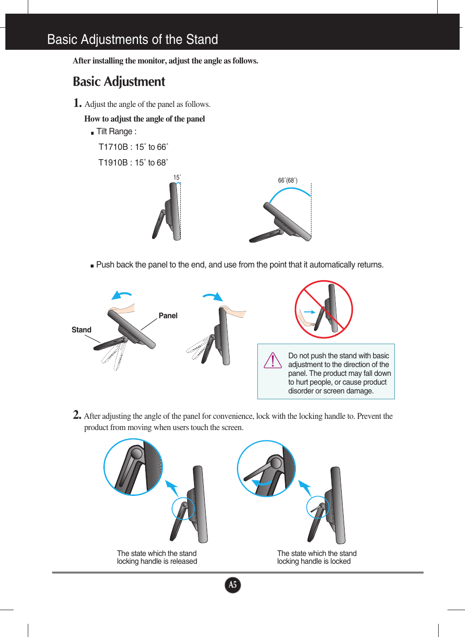 Basic adjustments of the stand, Basic adjustment | LG T1910B-BN User Manual | Page 6 / 26