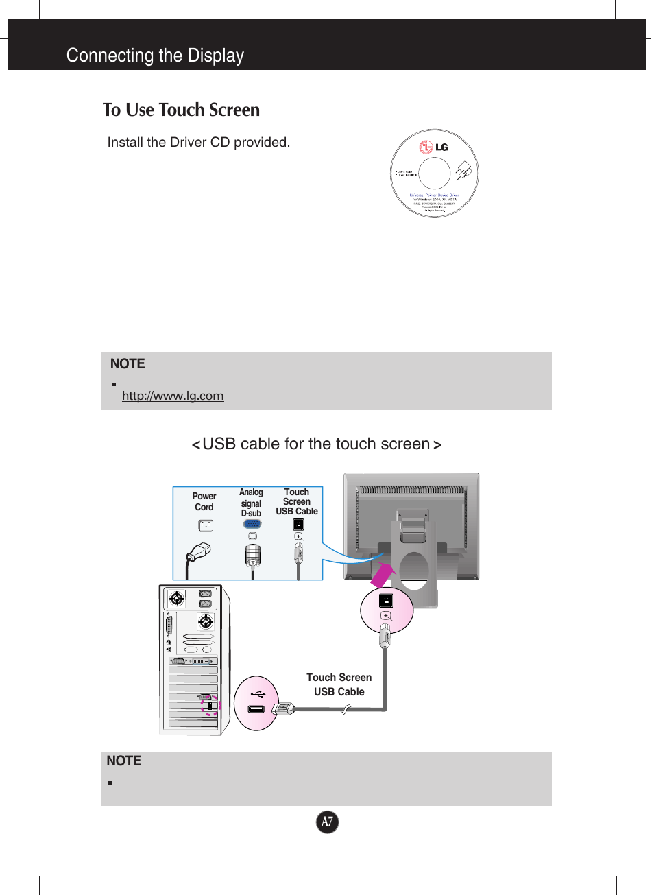 To use touch screen, Connecting the display, Usb cable for the touch screen | LG T1910B-BN User Manual | Page 8 / 26