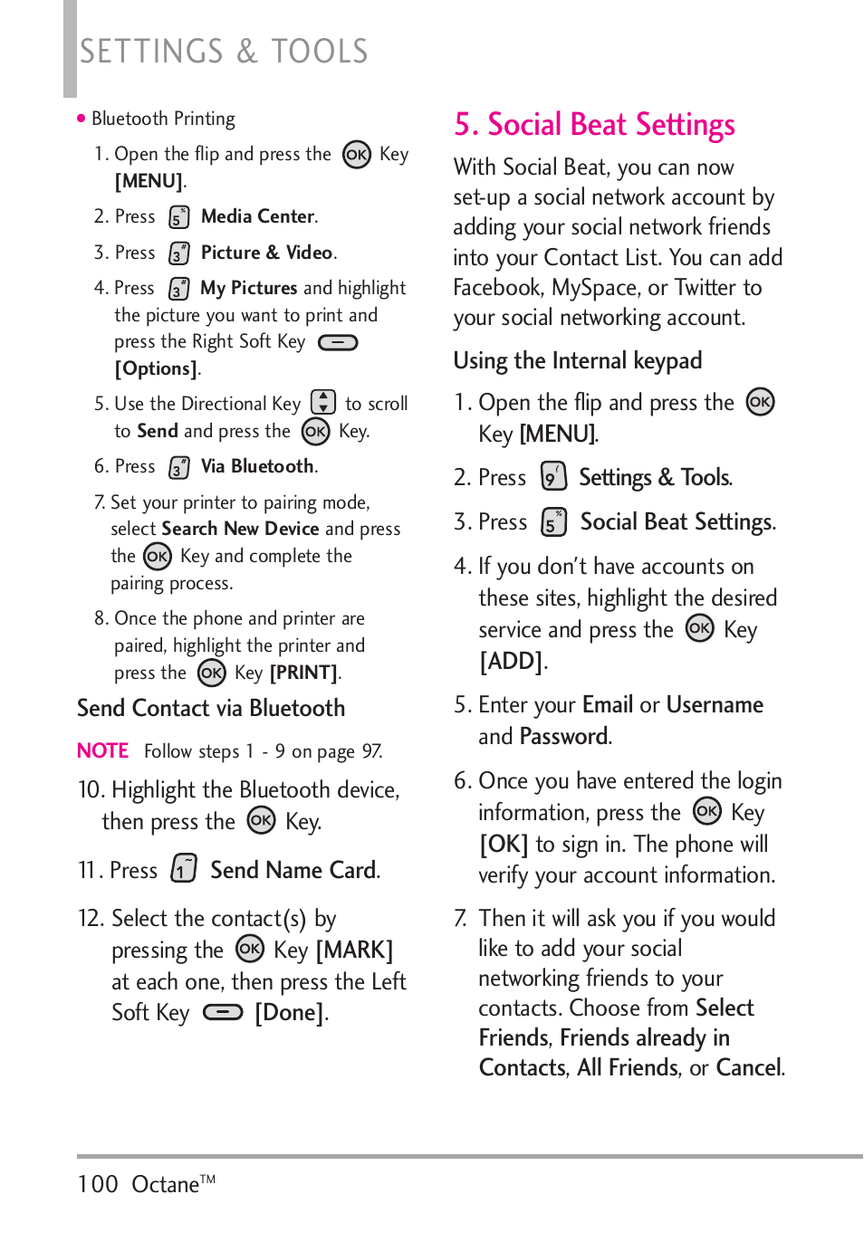 Social beat settings, Settings & tools | LG Octane VN530 User Manual | Page 102 / 345