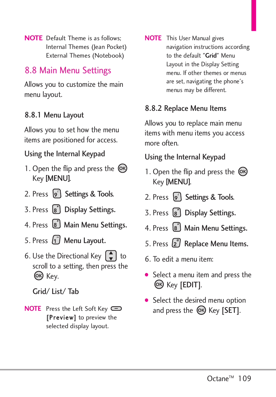 8 main menu settings, 1 menu layout, 2 replace menu items | 1 menu layout 8.8.2 replace menu items | LG Octane VN530 User Manual | Page 111 / 345