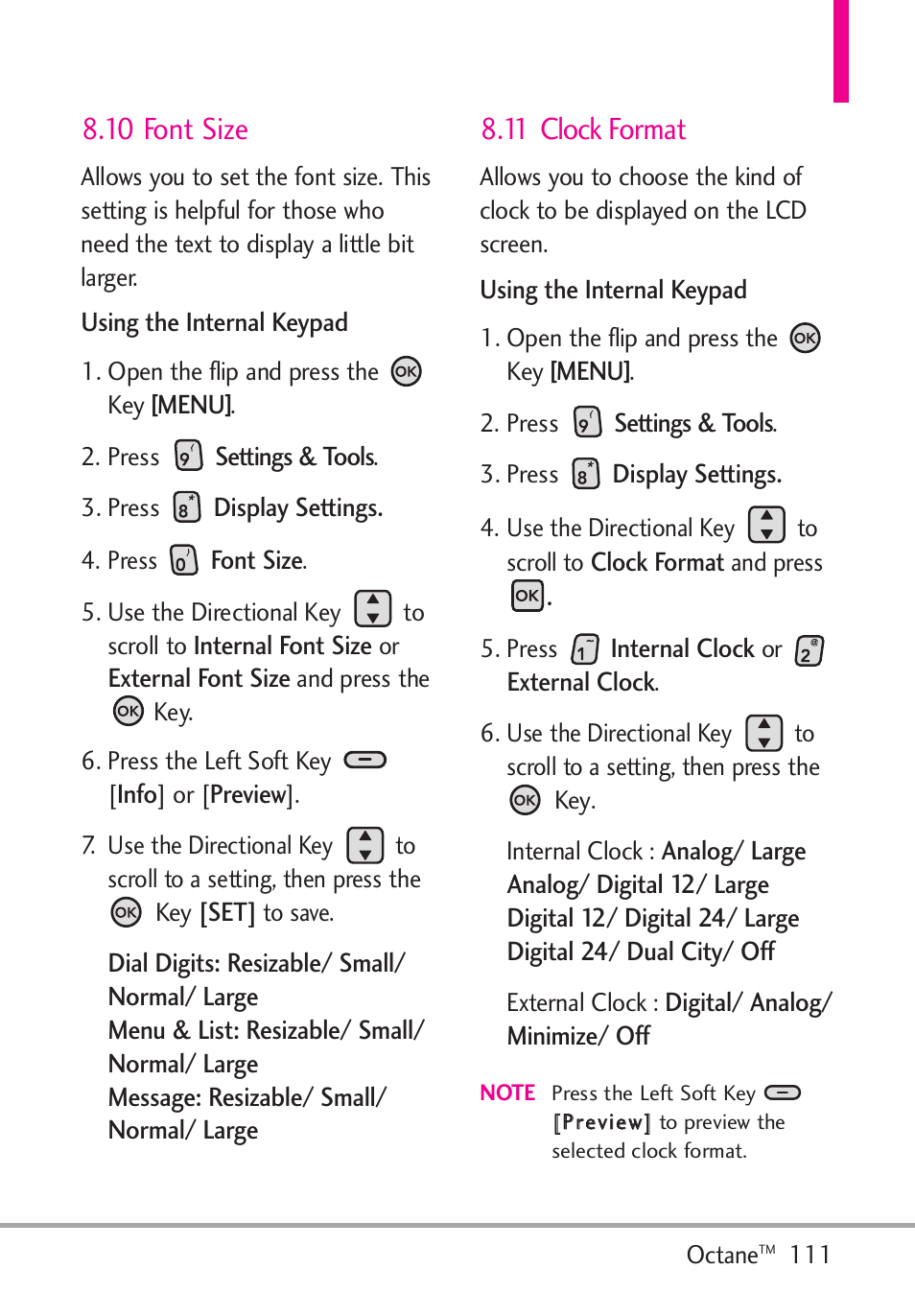 10 font size, 11 clock format | LG Octane VN530 User Manual | Page 113 / 345