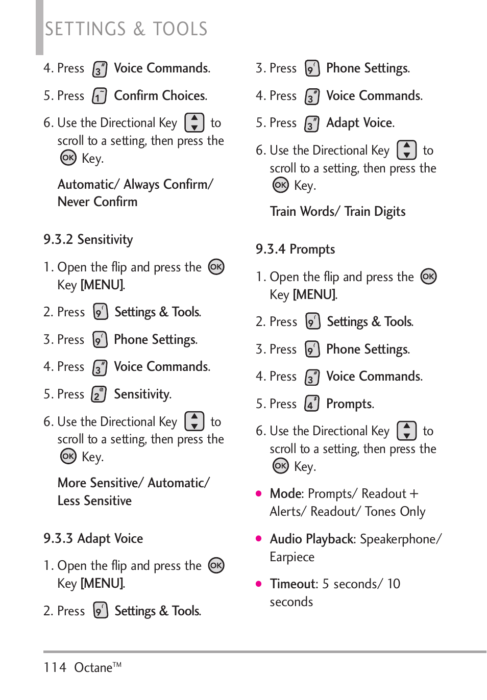 2 sensitivity, 3 adapt voice, 4 prompts | 2 sensitivity 9.3.3 adapt voice 9.3.4 prompts, Settings & tools | LG Octane VN530 User Manual | Page 116 / 345