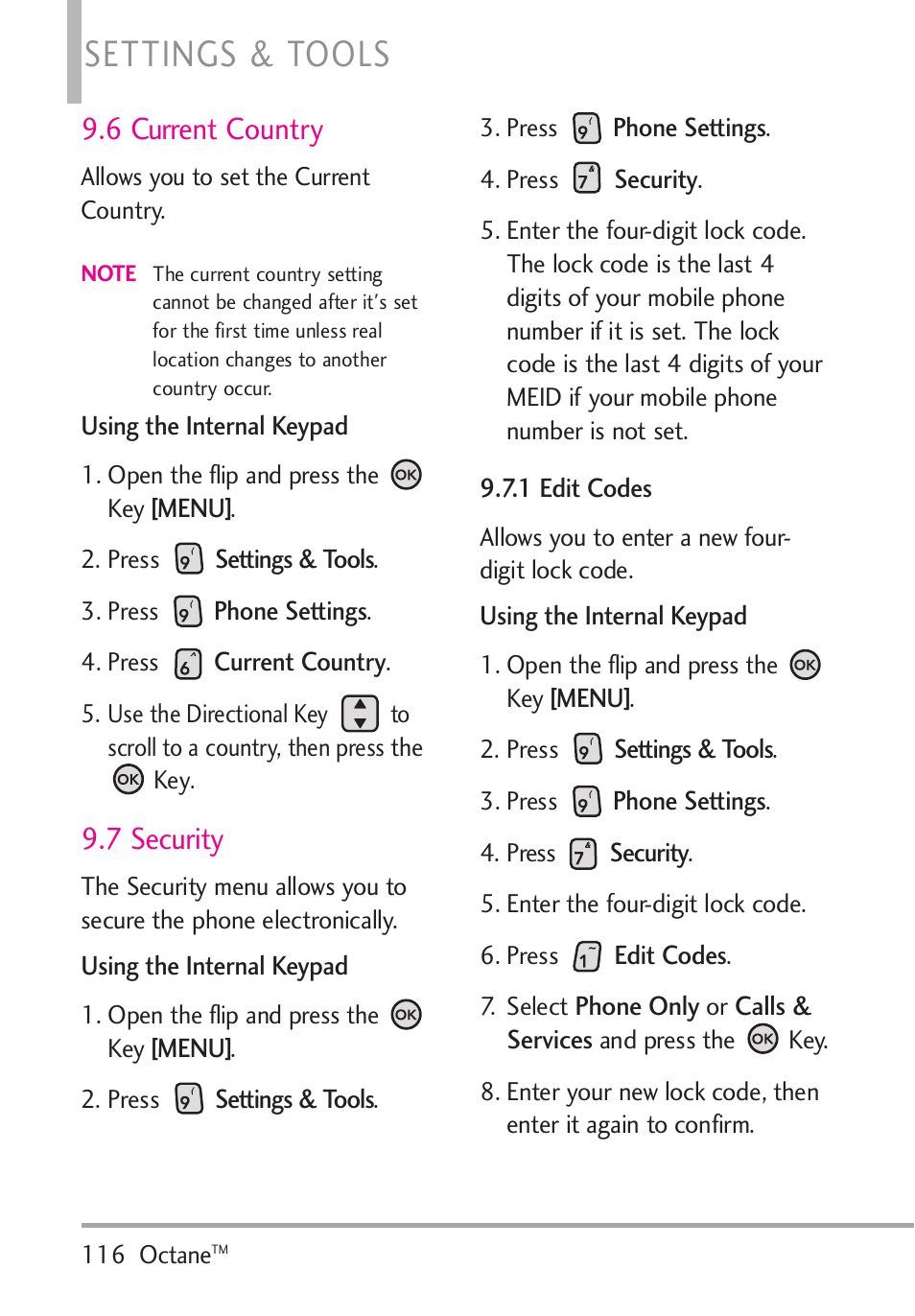 6 current country, 7 security, 1 edit codes | Settings & tools | LG Octane VN530 User Manual | Page 118 / 345