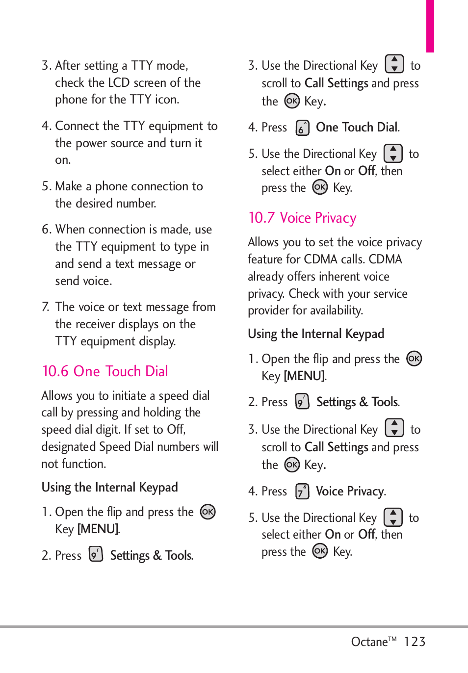 6 one touch dial, 7 voice privacy | LG Octane VN530 User Manual | Page 125 / 345