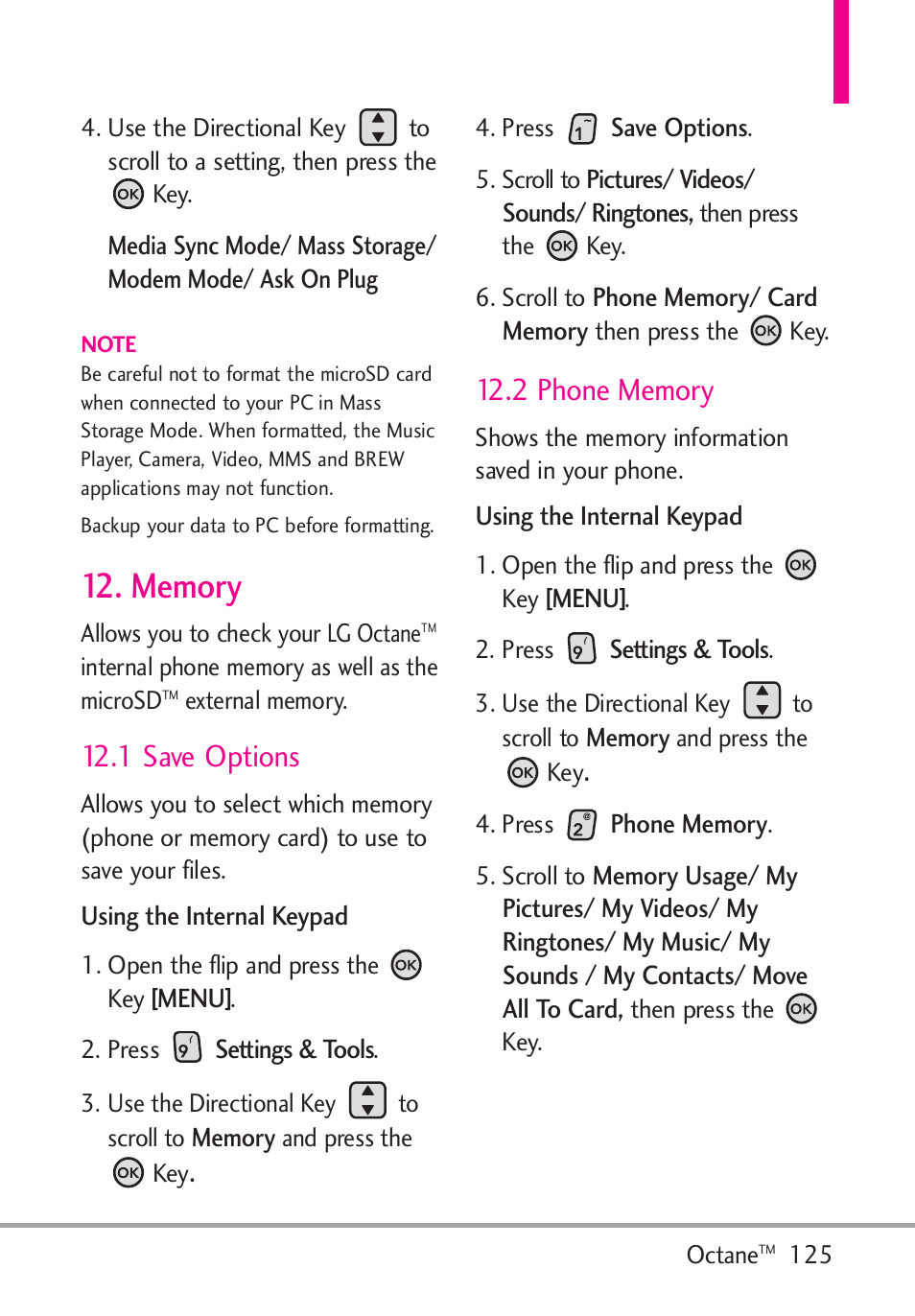 Memory, 1 save options, 2 phone memory | LG Octane VN530 User Manual | Page 127 / 345