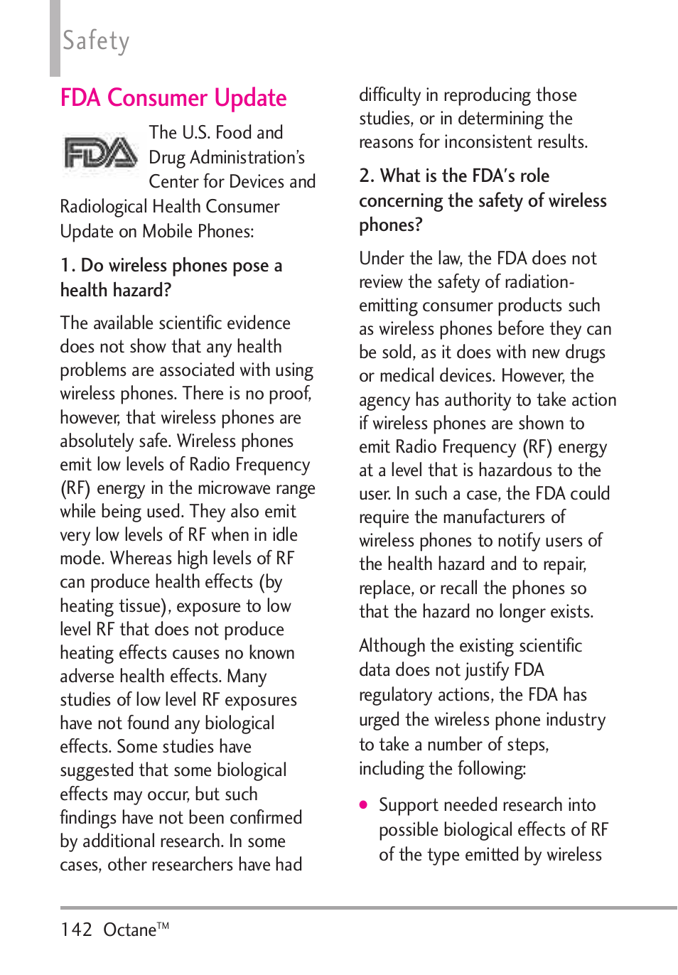 Fda consumer update, Safety | LG Octane VN530 User Manual | Page 144 / 345