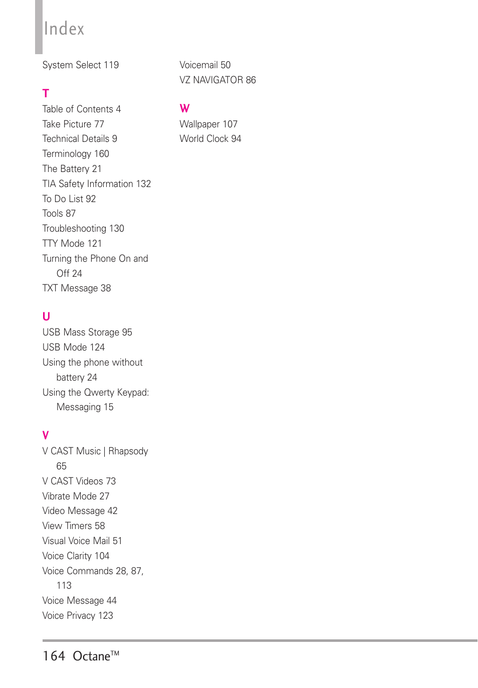 Index, 164 octane | LG Octane VN530 User Manual | Page 166 / 345