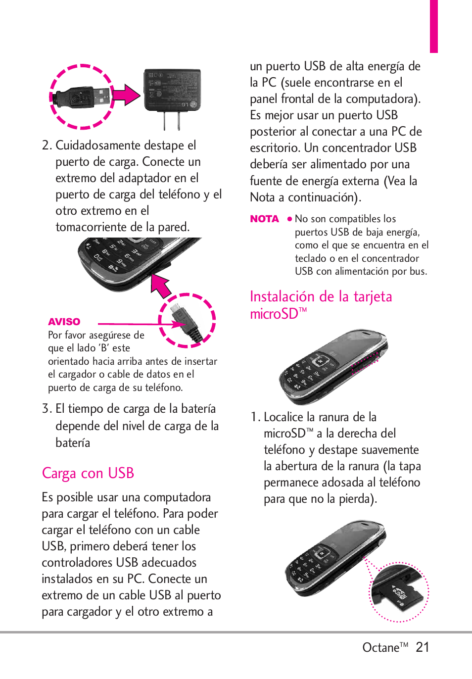 Carga con usb, Instalación de la tarjeta mi, Instalación de la tarjeta microsd | LG Octane VN530 User Manual | Page 187 / 345