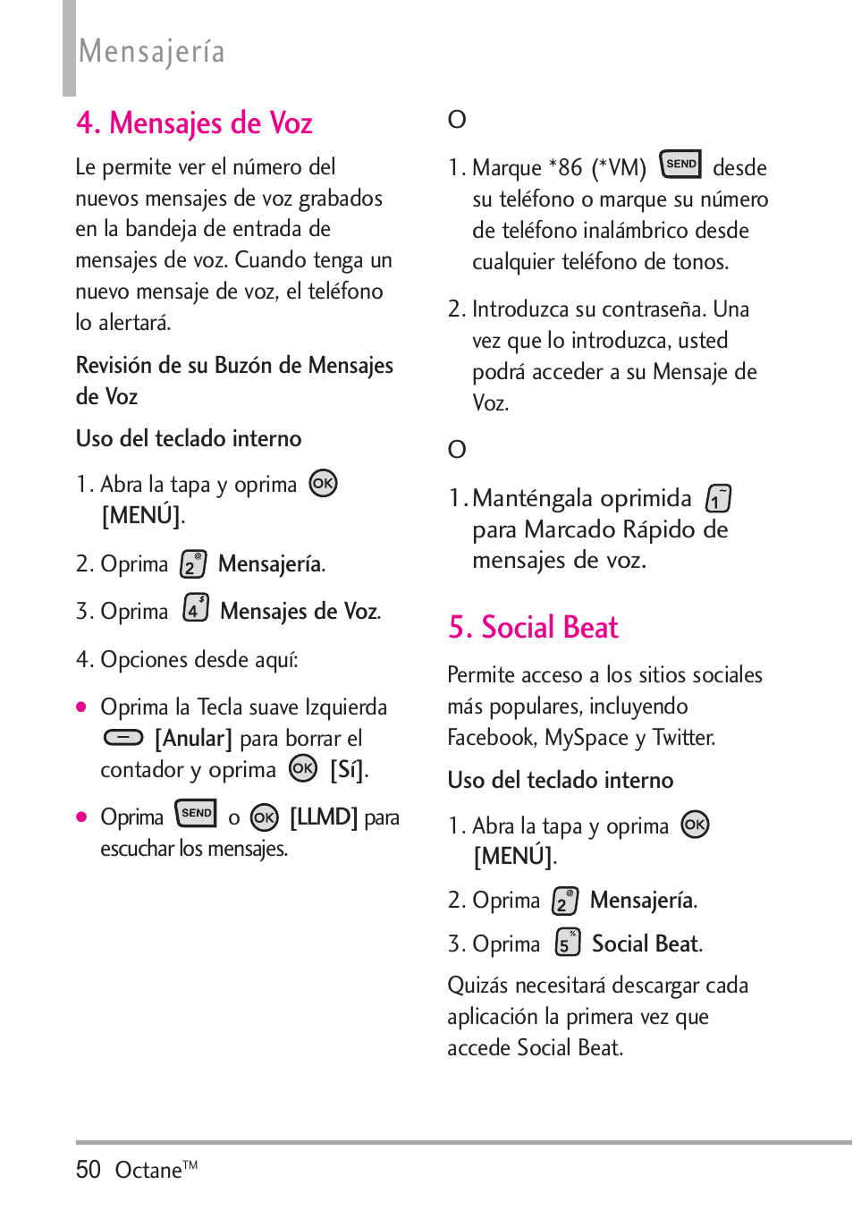 Mensajes de voz, Social beat, Mensajes de voz 5. social beat | Mensajería | LG Octane VN530 User Manual | Page 216 / 345