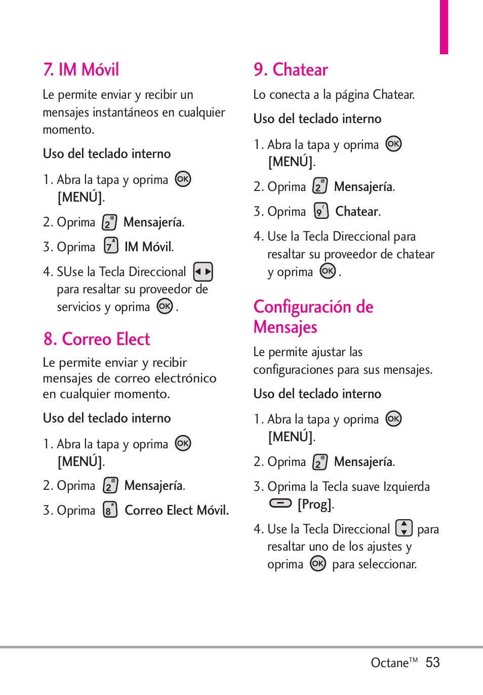 Im móvil, Correo elect, Chatear | Configuración de mensajes | LG Octane VN530 User Manual | Page 219 / 345