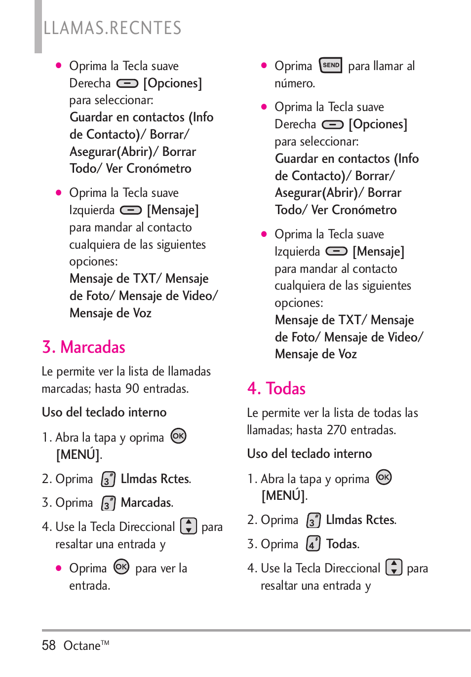 Marcadas, Todas, Marcadas 4. todas | Llamas.recntes | LG Octane VN530 User Manual | Page 224 / 345