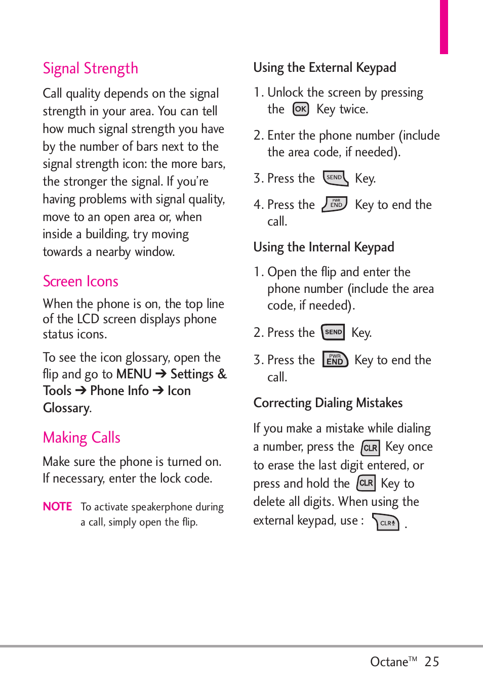 Signal strength, Screen icons, Making calls | LG Octane VN530 User Manual | Page 27 / 345