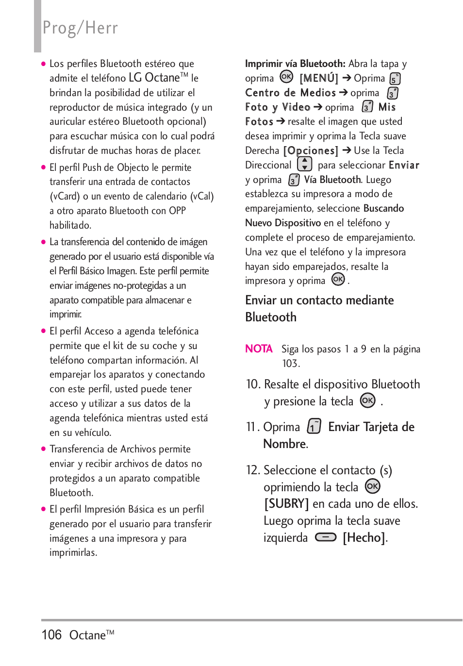 Prog/herr, Enviar un contacto mediante bluetooth, Enviar tarjeta de nombre | Subry, Hecho, 106 octane, Lg octane, Seleccione el contacto (s) oprimiendo la tecla | LG Octane VN530 User Manual | Page 272 / 345