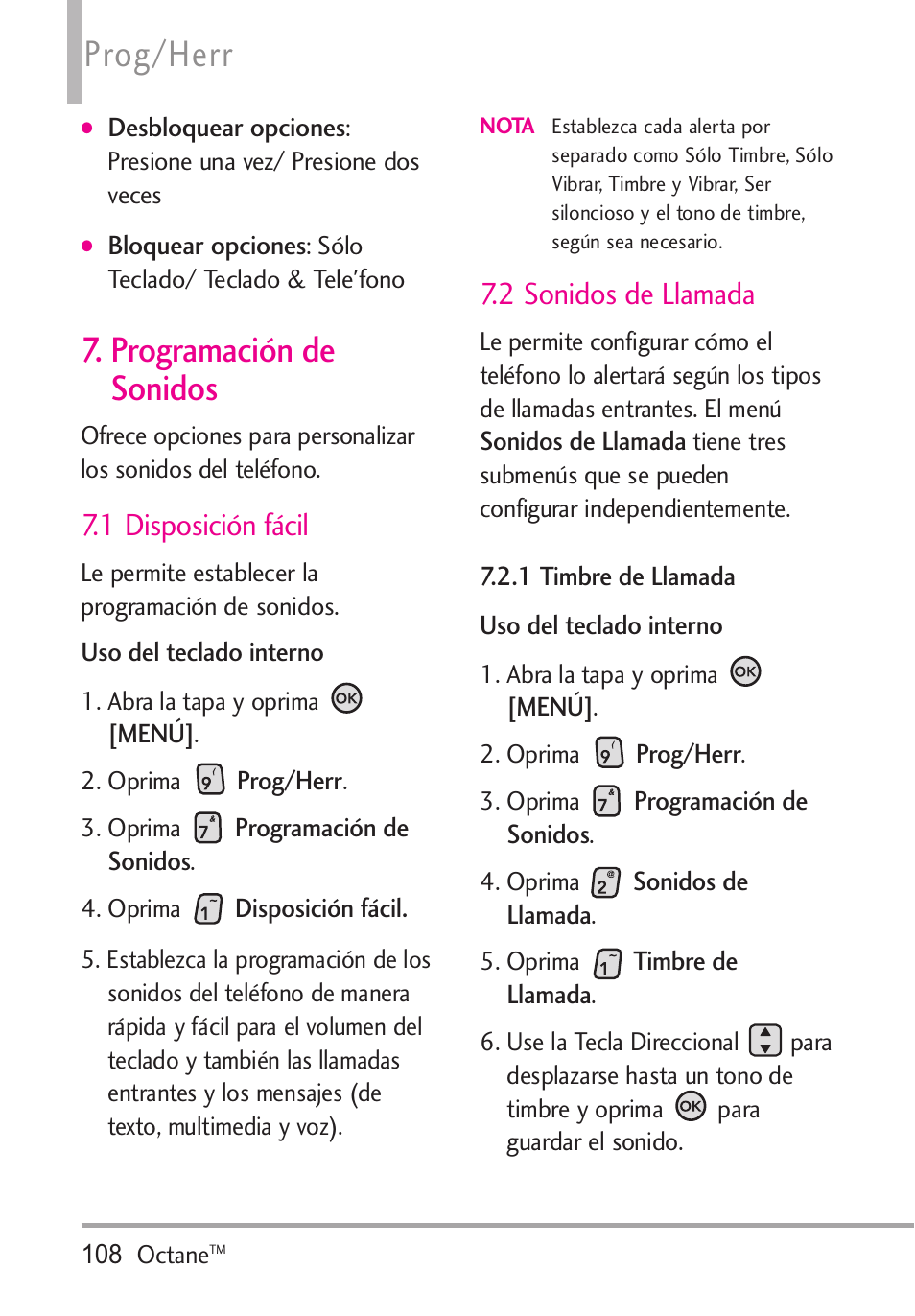 Programación de sonidos, 1 disposición fácil, 2 sonidos de llamada | 1 timbre de llamada, Prog/herr | LG Octane VN530 User Manual | Page 274 / 345
