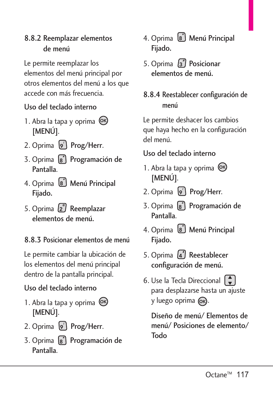 2 reemplazar elementos, 3 posicionar elementos, 4 reestablecer configur | 2 reemplazar elementos, De menú, 3 posicionar elementos, 4 reestablecer configuración | LG Octane VN530 User Manual | Page 283 / 345