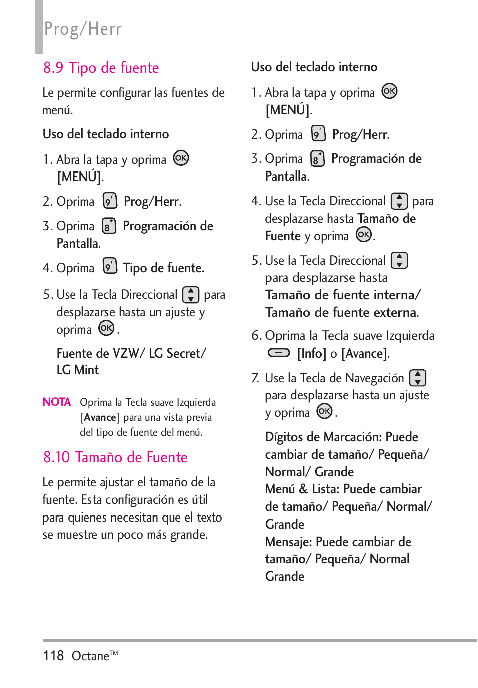 9 tipo de fuente, 10 tamaño de fuente, Prog/herr | LG Octane VN530 User Manual | Page 284 / 345