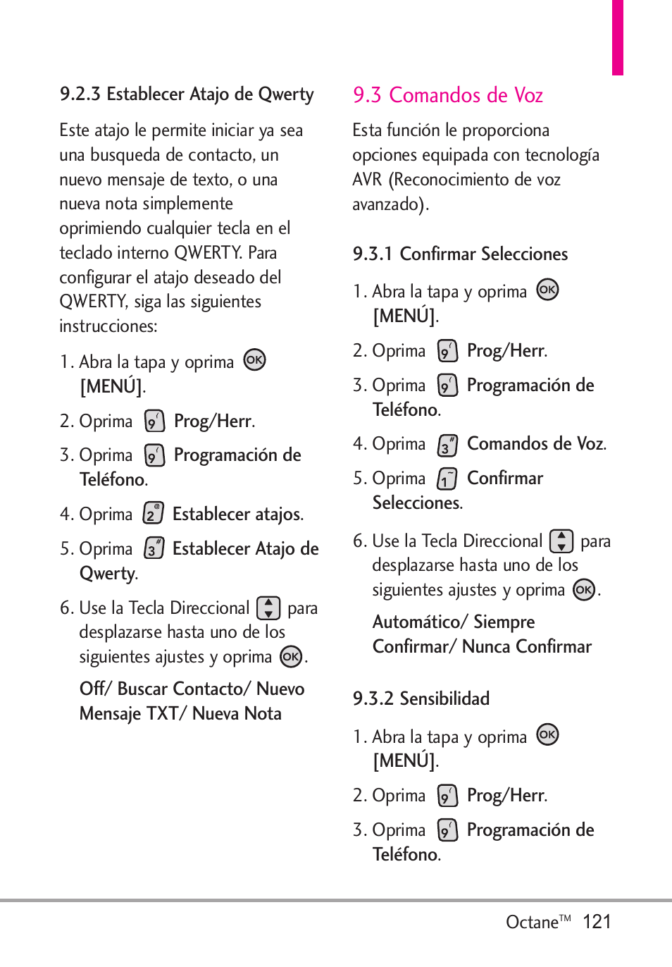 3 establecer atajo de, 3 comandos de voz, 1 confirmar selecciones | 2 sensibilidad, 3 establecer atajo de, Qwerty, 1 confirmar selecciones 9.3.2 sensibilidad | LG Octane VN530 User Manual | Page 287 / 345