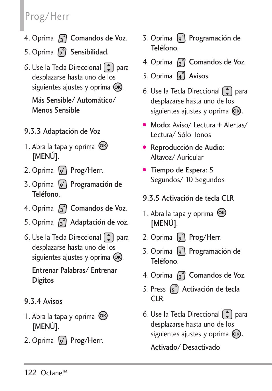 3 adaptación de voz, 4 avisos, 5 activación de tecla clr | Prog/herr | LG Octane VN530 User Manual | Page 288 / 345