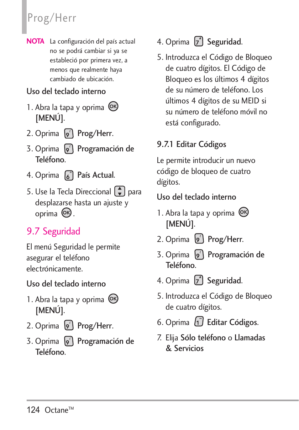 7 seguridad, 1 editar códigos, Prog/herr | LG Octane VN530 User Manual | Page 290 / 345